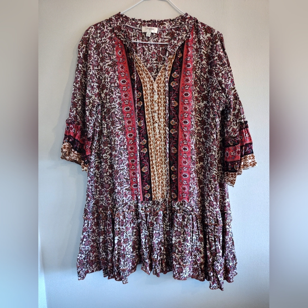 Umgee Floral Bohemian Dress Or Tunic with Red and Brown Accents